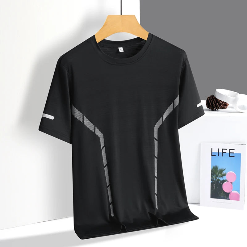 Running T-shirt Men Summer Ice Silk Thin Top Reflective Printing Quick Dry Short Sleeve Breathable Fitness Sports T-shirt 5XL