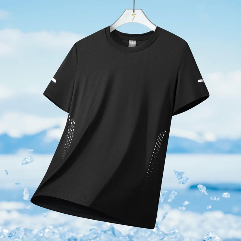 Running T-shirt Men Summer Ice Silk Thin Top Reflective Printing Quick Dry Short Sleeve Breathable Fitness Sports T-shirt 5XL