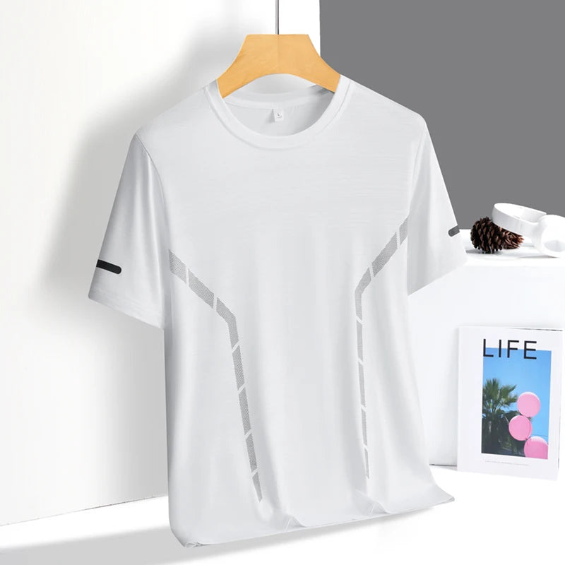 Running T-shirt Men Summer Ice Silk Thin Top Reflective Printing Quick Dry Short Sleeve Breathable Fitness Sports T-shirt 5XL