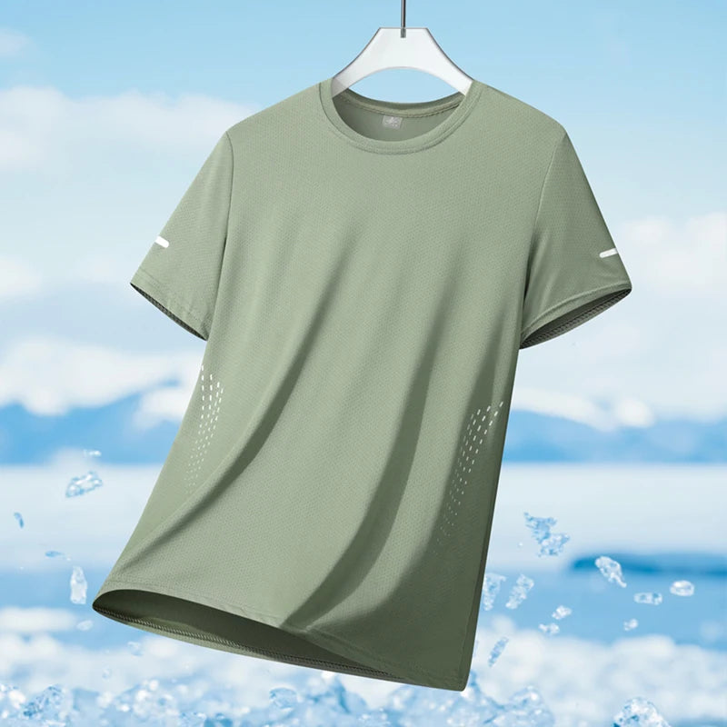 Running T-shirt Men Summer Ice Silk Thin Top Reflective Printing Quick Dry Short Sleeve Breathable Fitness Sports T-shirt 5XL